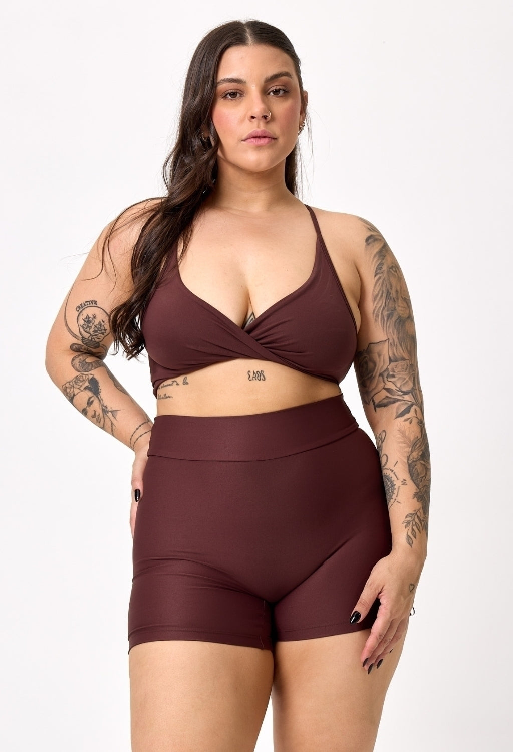 CONJ. SHORTS BASIC + TOP TWIST DARK BROWN
